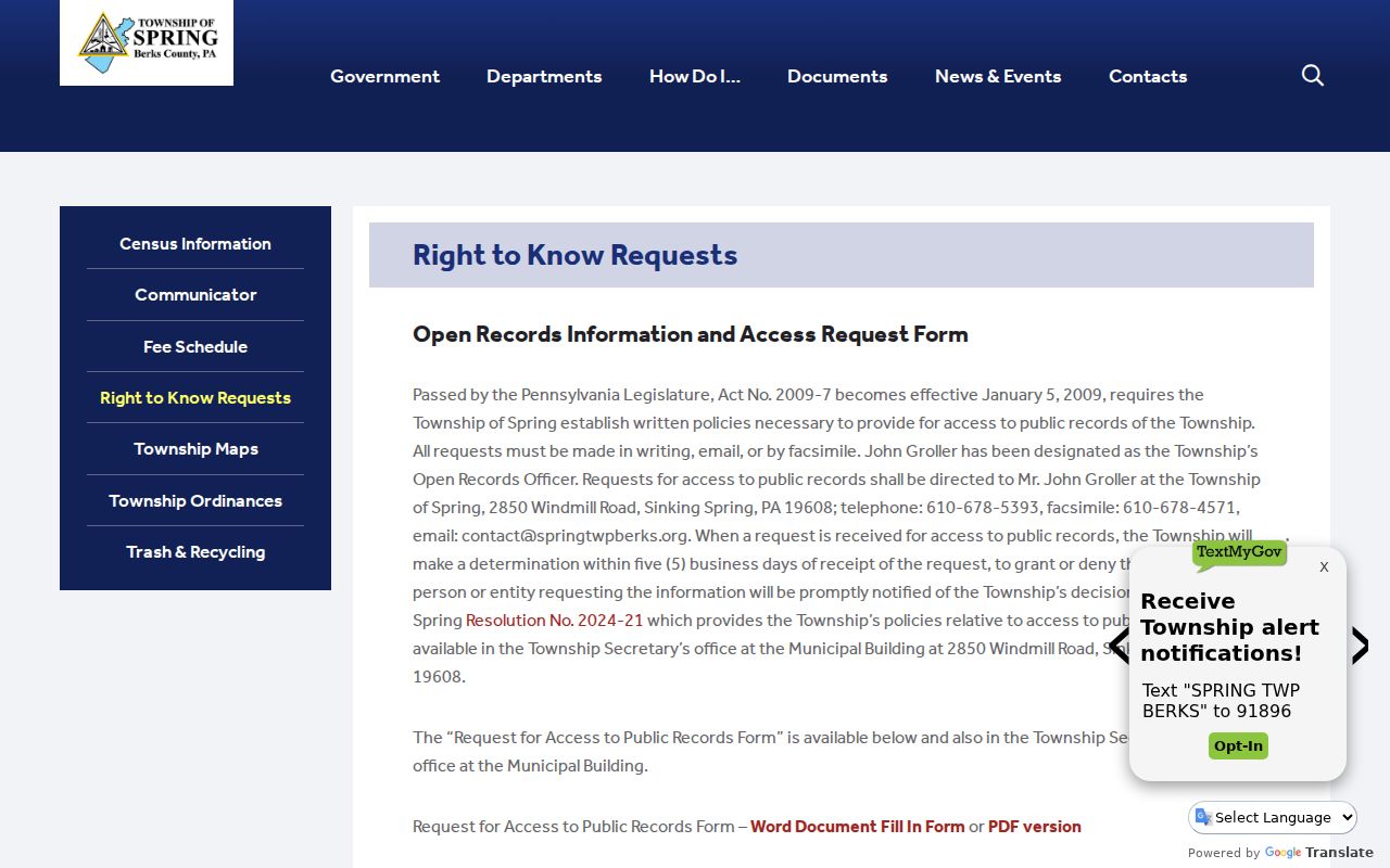 Spring Township residents directory right-to-know records request