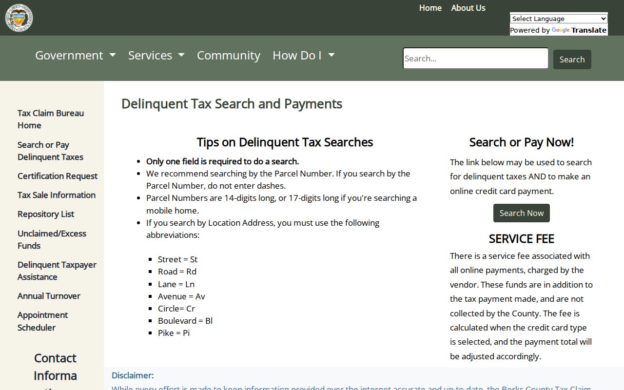 Spring Township street directory Berks delinquent tax parcel search
