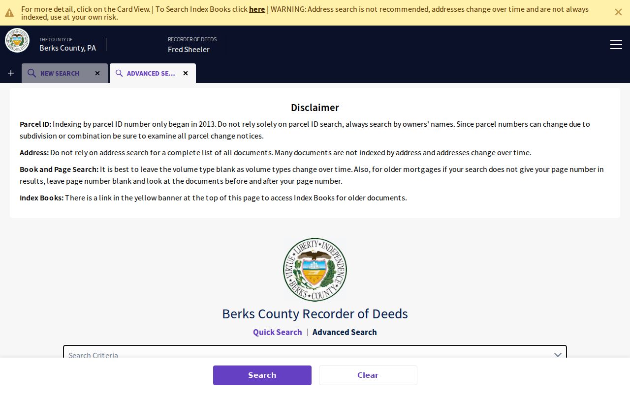 Spring Township street directory Recorder Advanced Search fields